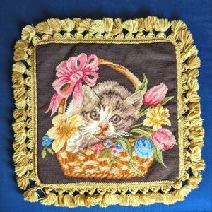 Vintage, Handcrafted Kitten in Basket of Flowers Needlepoint Pillow Cover